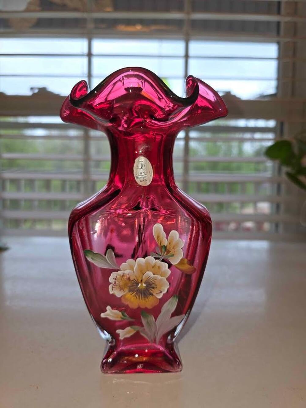 Fenton Handpainted & Signed Cranberry Pansies Vase